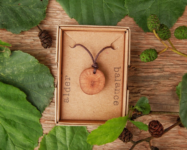 A close-up shot of an artisan wood pendant displayed in an eco-friendly cardboard box, surrounded by natural alder leaves and cones.