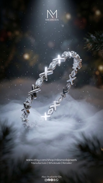 A high-end product hero shot featuring a diamond bracelet floating over a wintry, festive background with soft lighting.