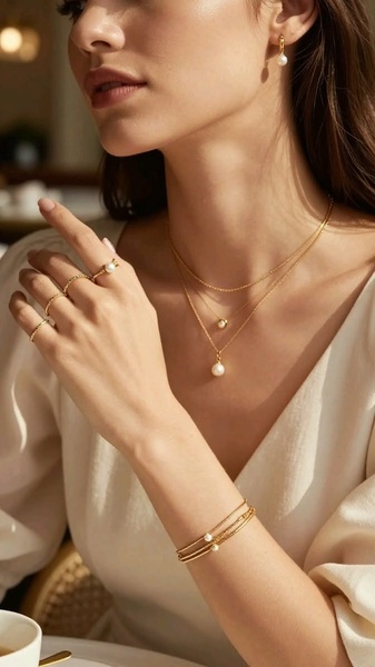 A close-up, high-end editorial shot focusing on the delicate layered pearl necklace, bracelets, and rings worn by a model in soft lighting.