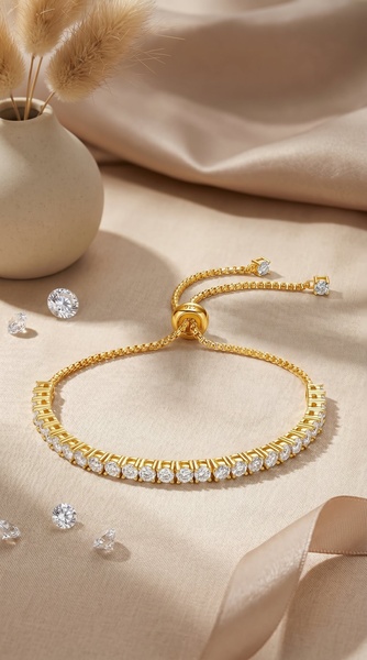 A high-quality hero shot of a gold tennis bracelet on a soft, neutral silk background with scattered diamonds.