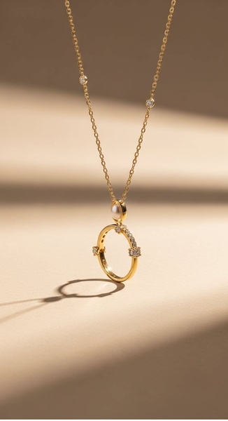 A high-end, studio-quality product shot featuring a delicate gold pendant necklace with embedded crystals, set against a warm, neutral background.