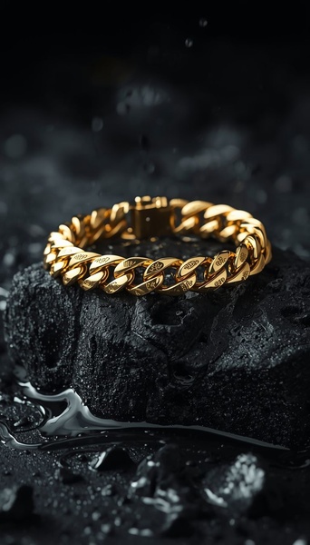 A high-end studio capture of a gold chain resting on a wet black volcanic rock surface.