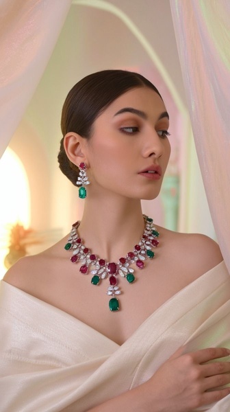 A close-up studio shot featuring a model wearing a high-end ruby, emerald, and diamond necklace to establish a premium brand image.