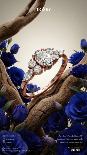 A high-end diamond ring is captured in a 9:16 vertical orientation, cradled by natural driftwood and deep blue flowers, emphasizing elegance and organic luxury.
