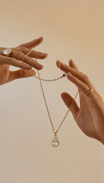 A high-end, soft-focus studio image of a model showcasing a pear-shaped crystal pendant on a thin gold chain, emphasizing luxury and simplicity.