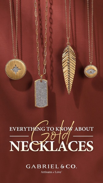 A vertical product-focused ad featuring four distinct gold necklaces suspended against a textured, deep-red background with educational copy.