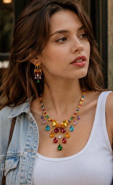 A close-up portrait of a model wearing an intricate, multi-colored crystal necklace that draws attention through bold color saturation.