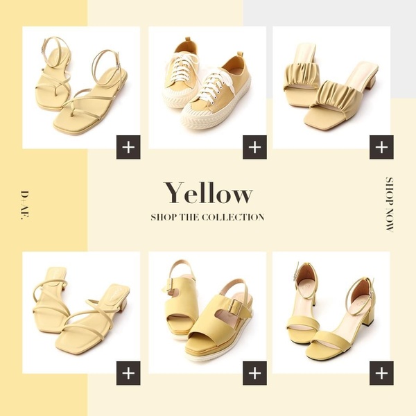 A clean, minimalist 1:1 grid layout featuring six distinct yellow sandal and shoe styles on a unified soft-yellow background.