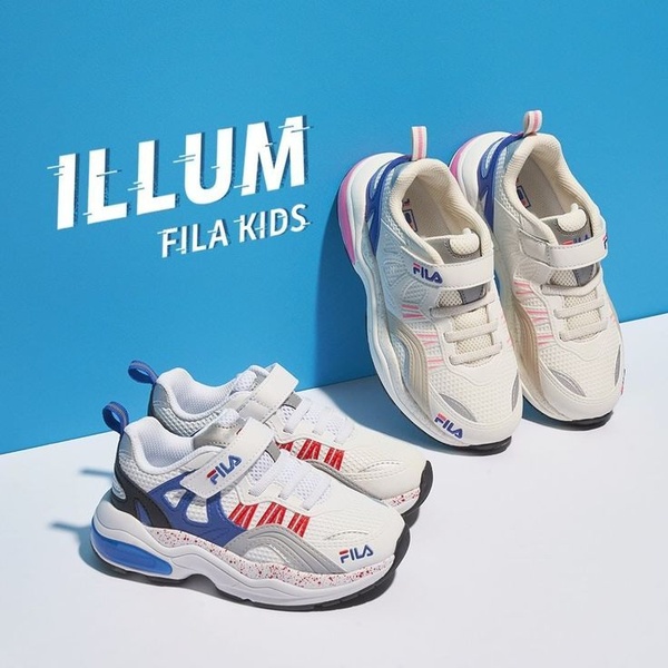 A high-contrast 1:1 image displaying two variations of a kids sneaker against a simple blue and white background to highlight design details.