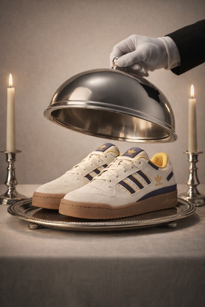 A high-quality studio shot of running shoes being unveiled from a silver serving dome on a table set for a formal dinner.