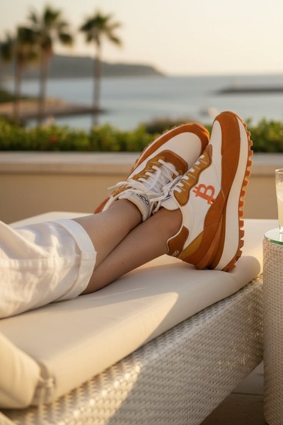 A close-up shot of feet wearing branded orange and white sneakers while relaxing on a lounge chair at sunset.