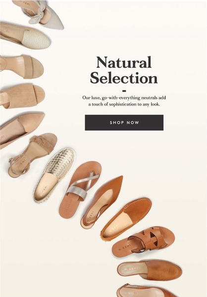 A clean, minimalist 2:3 vertical ad featuring a curated collection of women's shoes arranged in a flowing arc against a soft, neutral background.