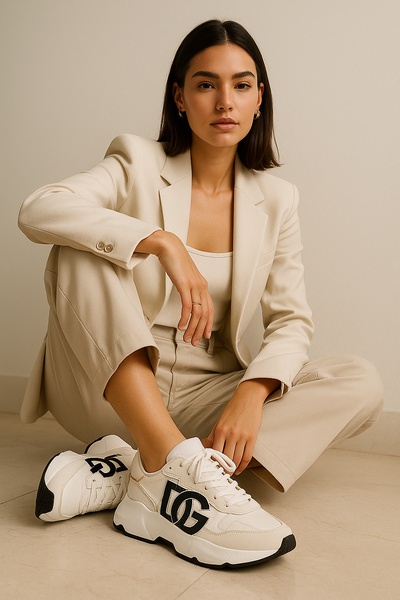 A high-fashion, neutral-tone photography ad featuring a model sitting and showcasing a branded designer sneaker as the hero element.