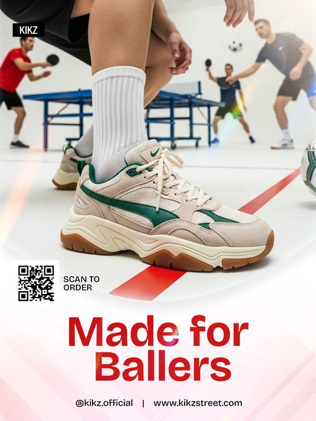 A lifestyle-focused product hero creative featuring a casual sneaker in a high-activity environment with a clear QR code CTA.