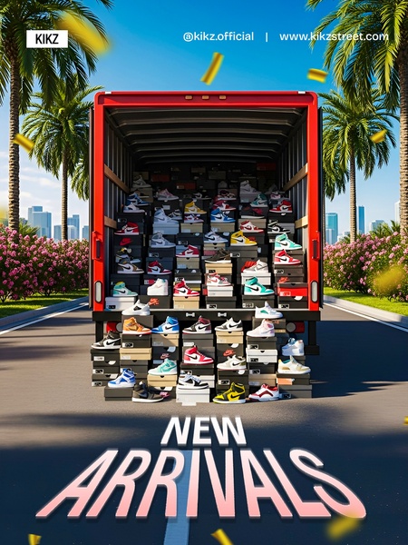A striking visual display of a commercial truck filled with multiple stacks of sneaker boxes, framed by palm trees and city skyline to signal high-volume inventory.
