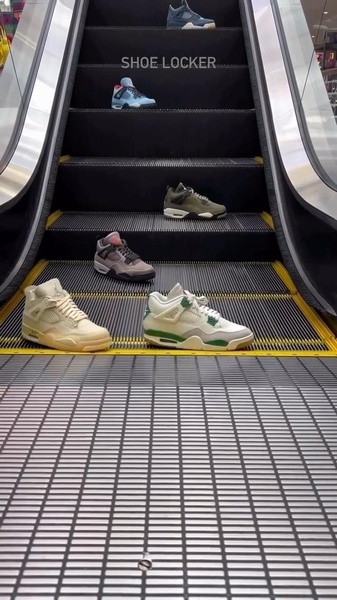 A vertical video ad featuring multiple pairs of sneakers displayed on an escalator, creating a sense of movement and volume for the product line.