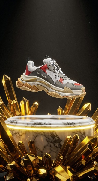 A high-end, studio-style shot of a running shoe floating above a marble pedestal surrounded by glowing gold crystals.