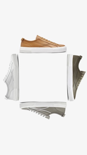 A clean, symmetrical ad showing four variations of the same sneaker arranged in a square frame to highlight color and material options.