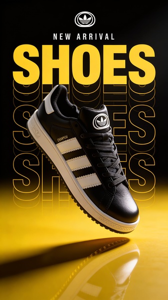 A high-impact 9:16 vertical ad featuring a floating sneaker centered between repeated text layers, utilizing a bold black and yellow high-contrast color palette.