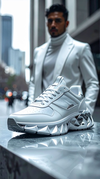 A sophisticated, high-contrast product hero shot featuring a premium white sneaker in the foreground with a blurred professional silhouette in the background.