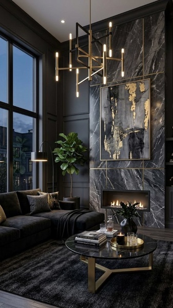A high-end, moody lifestyle shot of a round marble coffee table in a luxury living room, emphasizing texture and sophisticated lighting.