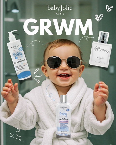 This ad creative uses a high-engagement 'GRWM' headline alongside a joyful baby in a bathrobe, showcasing multiple skincare products in a lifestyle context.