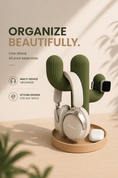 A high-quality product shot of a cactus-shaped desk organizer holding headphones, a smartwatch, and earbuds, emphasizing a clean and organized workspace.