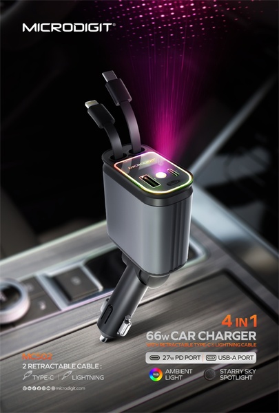 A sleek, high-contrast studio shot of a 4-in-1 car charger featuring retractable cables and ambient lighting. The composition highlights both functionality and futuristic aesthetic.