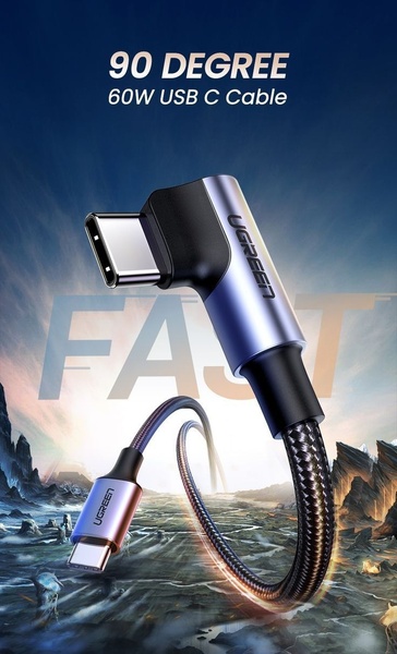 A high-contrast, dramatic product shot showcasing a 90-degree USB C cable against a surreal, stormy background, emphasizing durability and design.