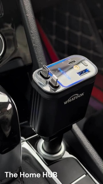 A close-up demonstration of a high-speed car charger integrated into a vehicle dashboard.