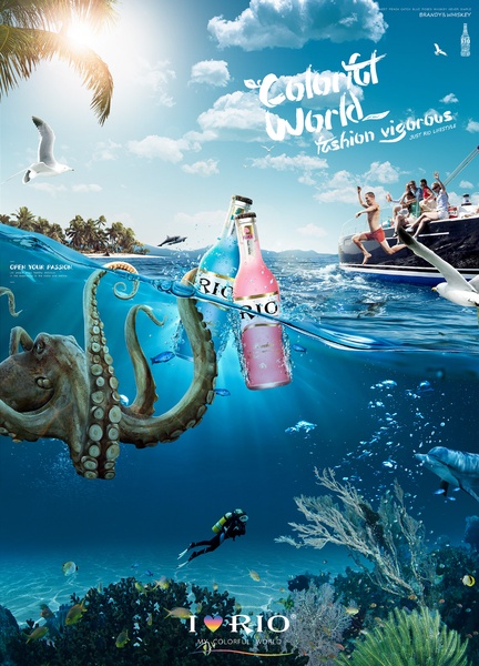 A surreal underwater scene featuring floating RIO bottles and a boat party above the surface.