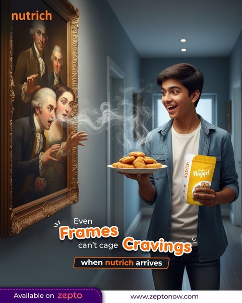 A clever ad visual showing a person presenting a plate of hot chicken nuggets to historical figures in a painting who react with visible desire.