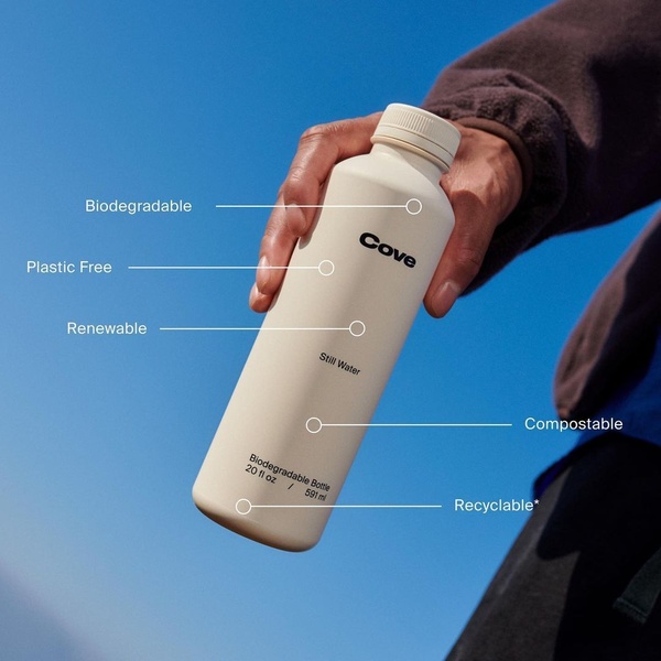 A high-contrast, minimalist shot of a sustainable water bottle, using thin lead lines to point out specific product benefits against a clear sky backdrop.