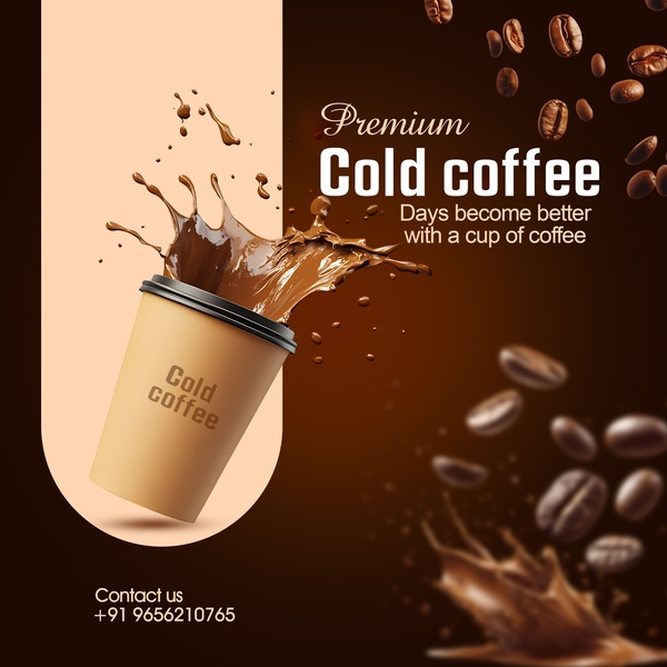 A high-quality 1:1 square advertisement featuring a coffee cup mid-splash with roasted coffee beans floating in the background.