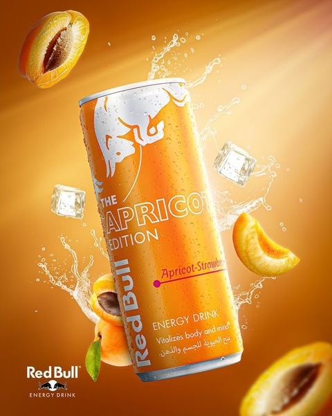 A high-impact product hero shot featuring an apricot flavored energy drink can surrounded by fresh apricot slices, floating ice cubes, and refreshing water splashes.