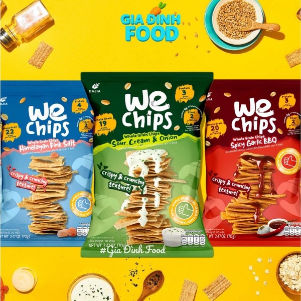 A vibrant 1:1 square ad creative showcasing three distinct flavors of whole grain chips with a focus on ingredient clarity and appetite appeal.