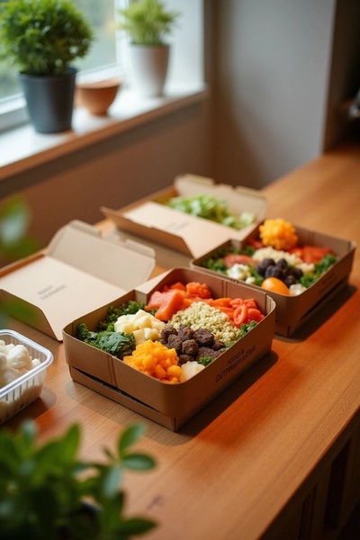 This creative showcases fresh ingredients inside branded meal prep boxes, utilizing a high-angle lifestyle shot on a natural wood surface.