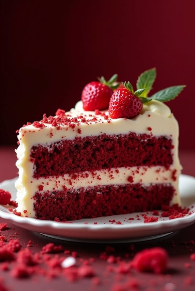 A close-up, high-quality studio shot of a single slice of red velvet cake on a white plate, set against a dark red backdrop.