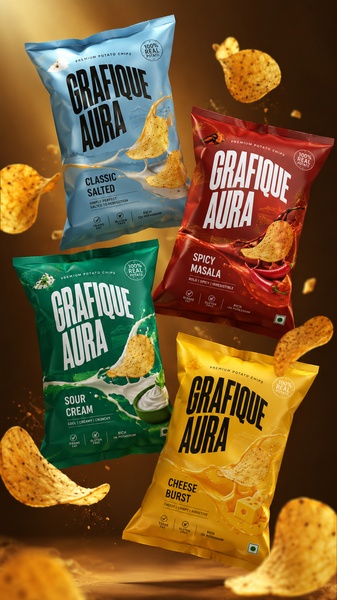 A high-impact, floating arrangement of four distinct potato chip flavor bags centered against a dramatic, warm, and dark background to emphasize freshness.
