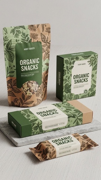 A high-quality product hero shot featuring a variety of organic snack packaging formats arranged on a neutral, professional studio backdrop.