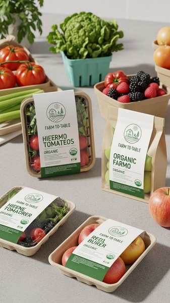 A high-quality, studio-lit display of various fresh, organic produce items in eco-friendly packaging, emphasizing brand transparency and natural quality.
