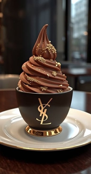 A high-end, soft-serve chocolate dessert adorned with edible gold flakes, presented in a minimalist branded bowl on a clean, classic saucer.
