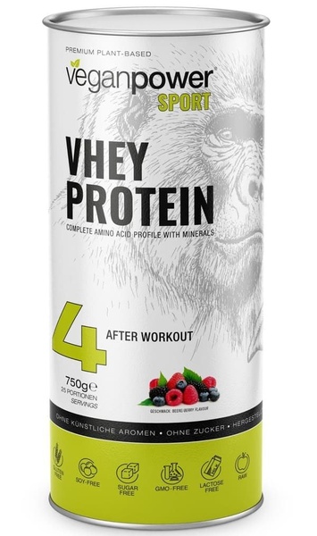 This creative features a clean, high-resolution product shot of a Vegan Protein canister, highlighting its key attributes and natural ingredients through iconography.