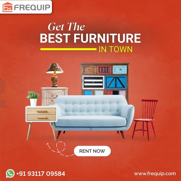 A clean, studio-style product arrangement of a sofa, chair, and side table against a vibrant orange background, utilizing a bold claim hook.