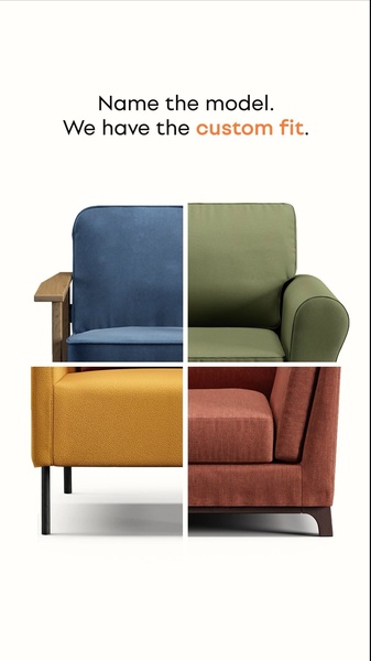 A minimalist grid display showcasing four different sofa fabric and frame configurations to emphasize custom design options.