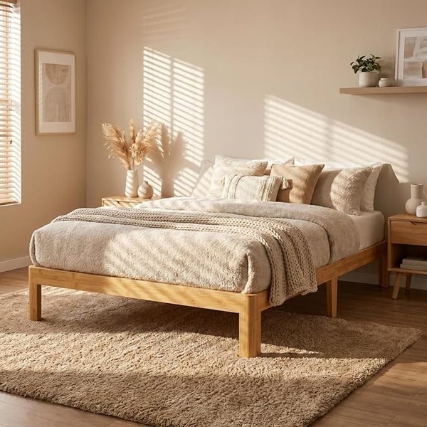 A high-quality 1:1 image showcasing a natural bamboo bed frame in a sun-lit, minimalist bedroom environment with neutral tones.
