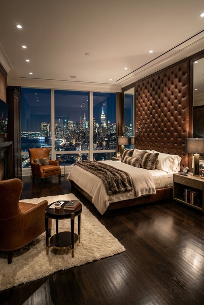 This creative showcases a premium bed frame within a high-rise city bedroom, leveraging evening lighting to establish an aspirational brand identity.