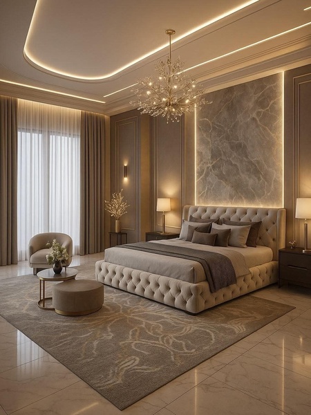 A high-end bedroom scene featuring an upholstered tufted bed, soft ambient lighting, and sophisticated neutral tones.