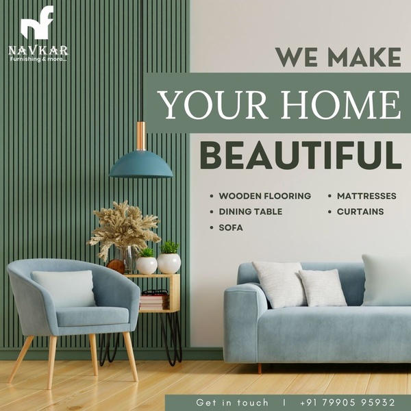 A high-end furniture ad featuring a clean, balanced layout with a clear list of product offerings and a soft, professional color palette.