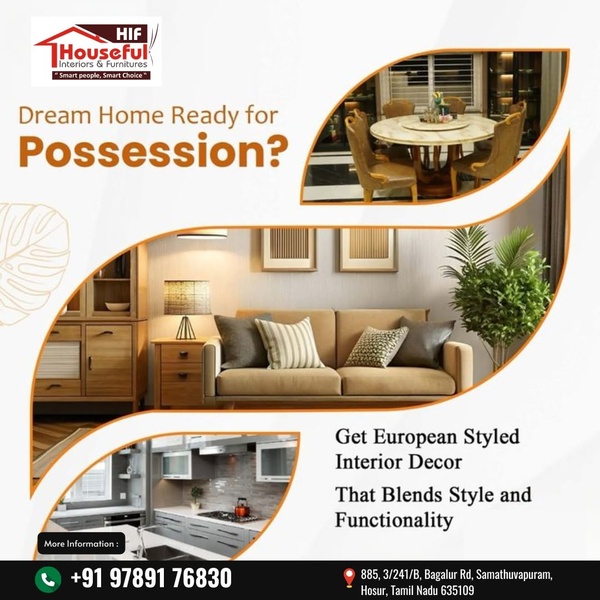 A split-frame collage showcasing a dining room, living room, and kitchen, highlighting a complete interior design service offering.